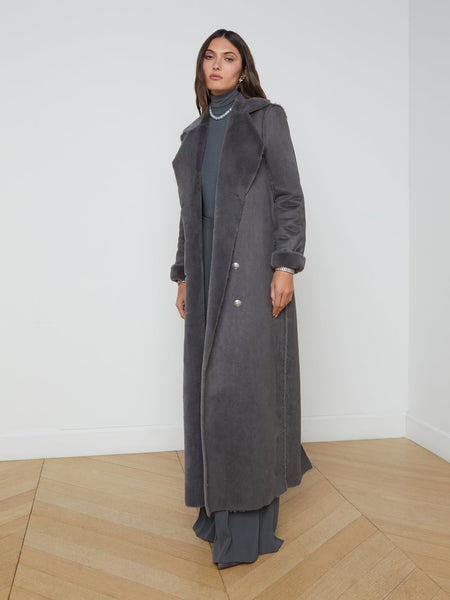 L’AGENCE Citron Faux Shearling Maxi Coat in Dark Grey