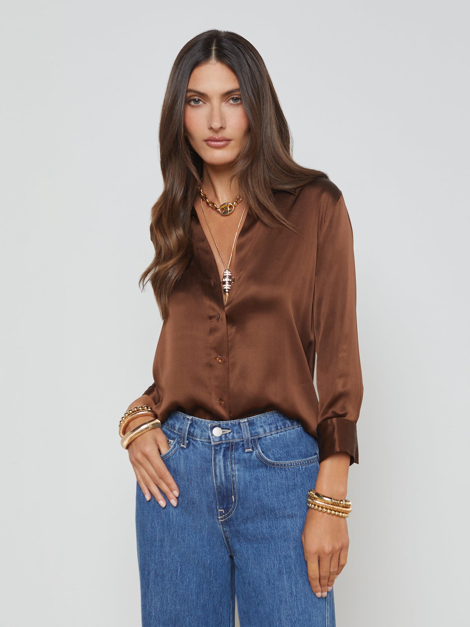 L'AGENCE Dani 3/4 Sleeve Blouse in Hot Fudge