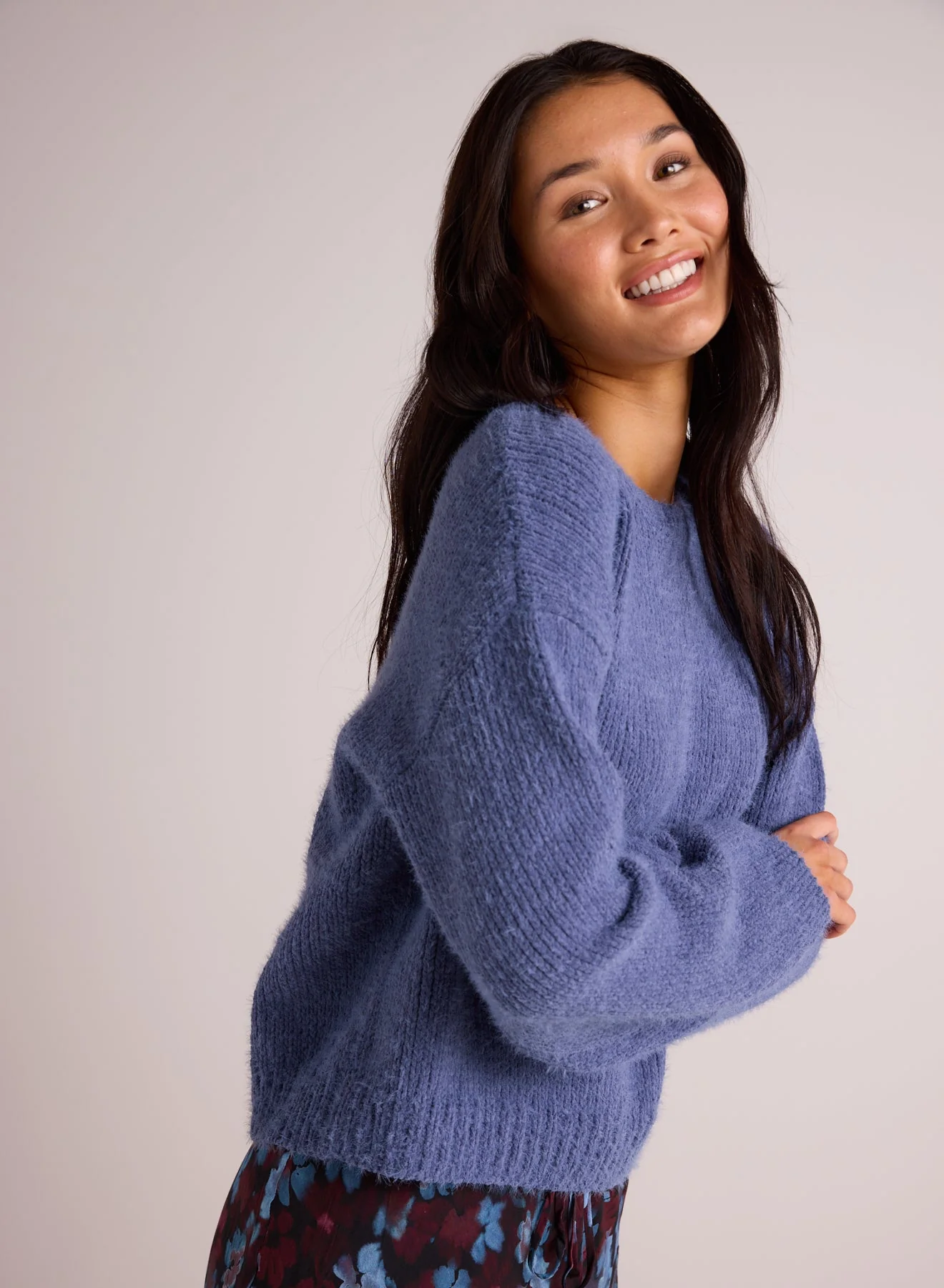 bella dahl fuzzy chenille crewneck sweater in nordic blue