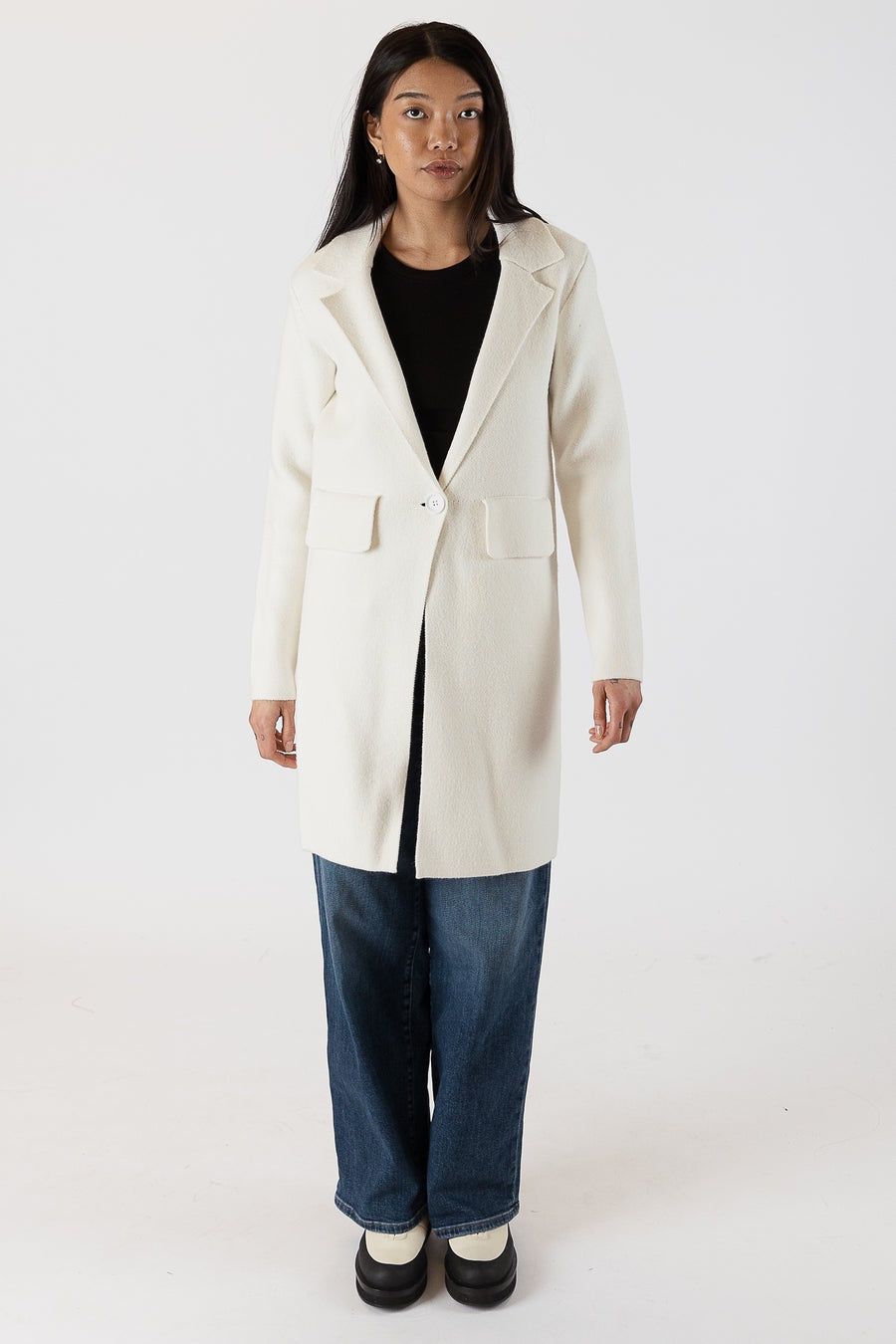 Lyla & Luxe Fiona One Button Long Fitted Coat in Ivory