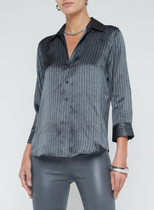 L'AGENCE Dani 3/4 Sleeve Blouse in Grey/Ivory Pinstripe