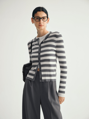 Meilleur Moment Infinite Rib Knit Button Frt Gray/White