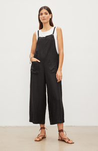 Velvet Isabel Woven Linen Patch Pocket Jumpsuit Black