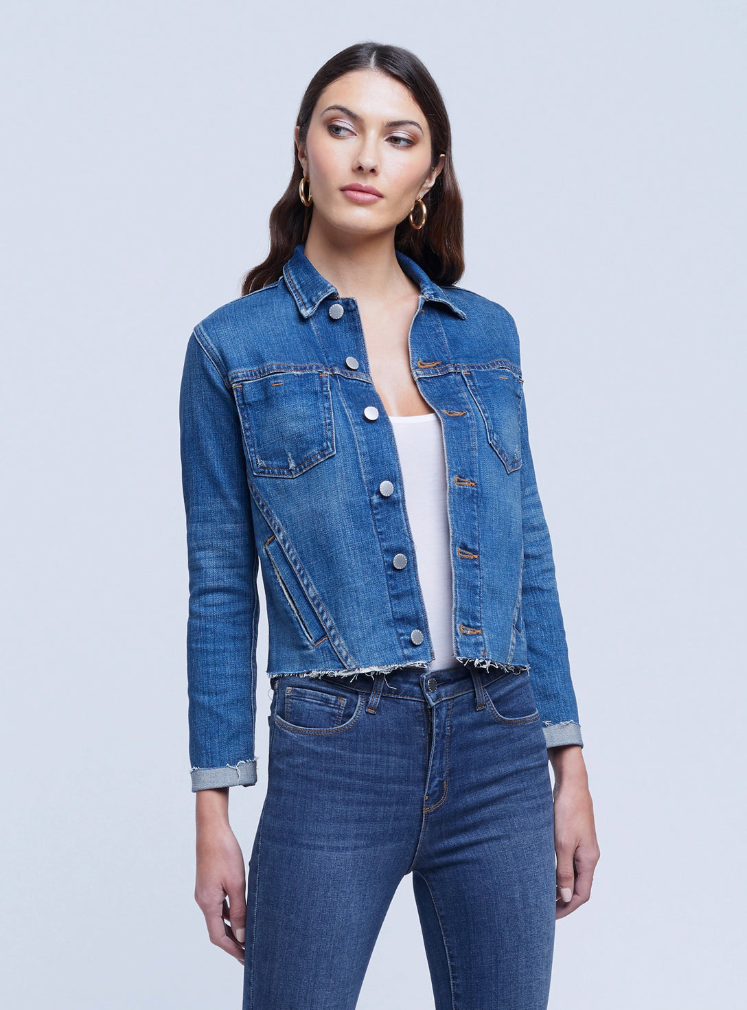 L'AGENCE Janelle Slim Raw Hem Jean Jacket in Authentique
