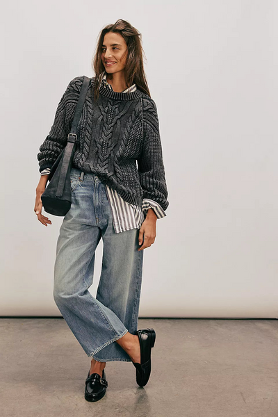 Free People Frankie Cotton Cable Sweater in Black