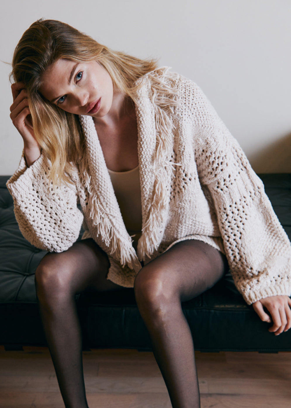 autumn cashmere Southwest Fringed Shawl Collar Throw in Sand