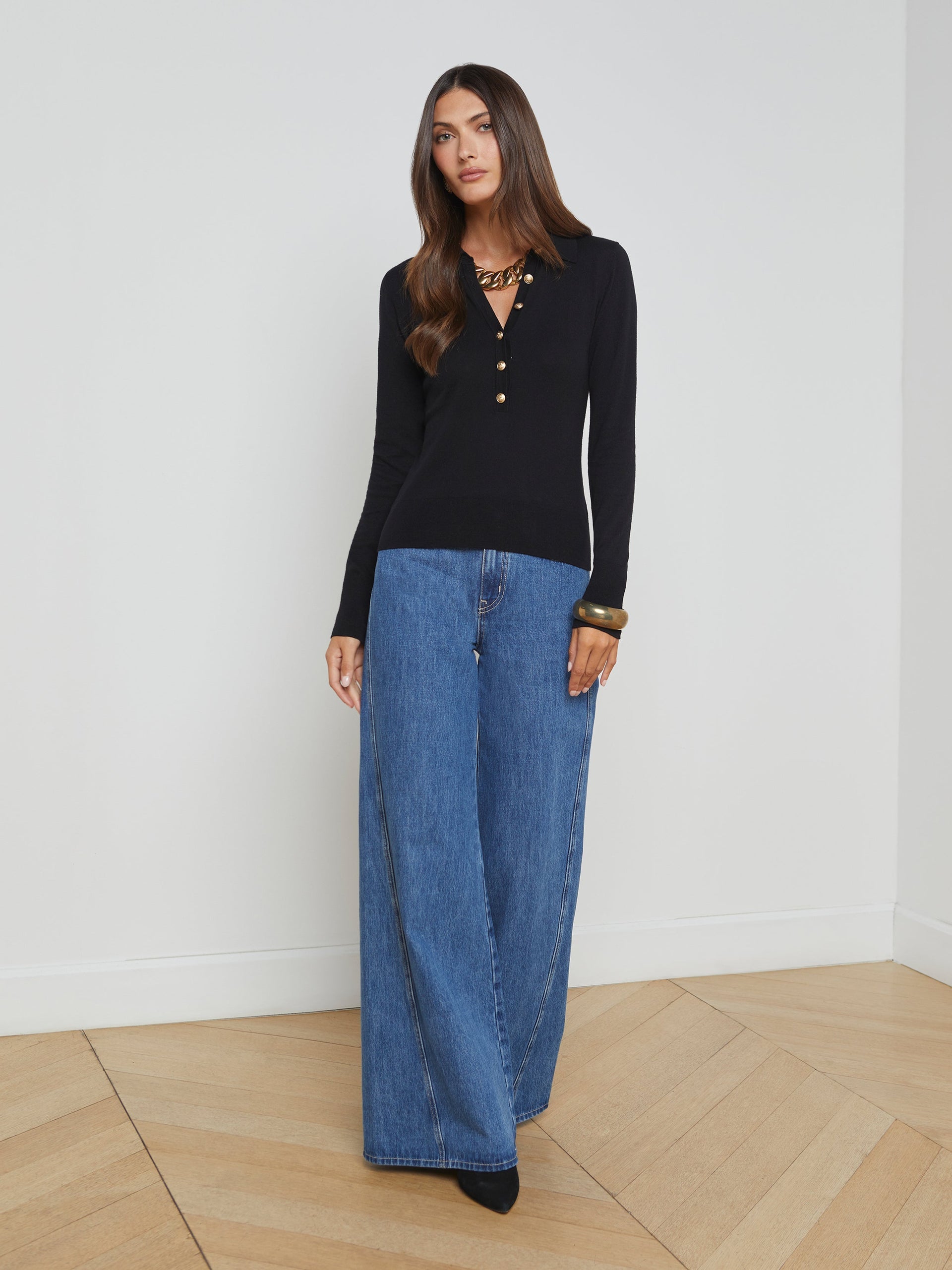 L'AGENCE  Sterling Collared Sweater in Black/Gold