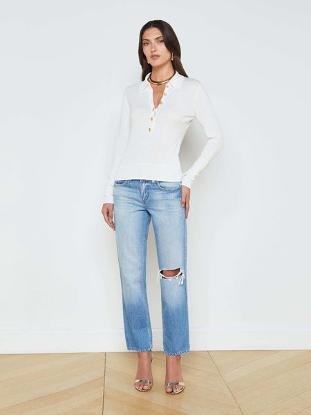L'AGENCE Sterling Collared Sweater in White/Gold