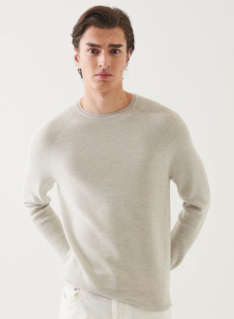 Patrick Assaraf Men's Merino Raglan Rib Crew - Vanilla