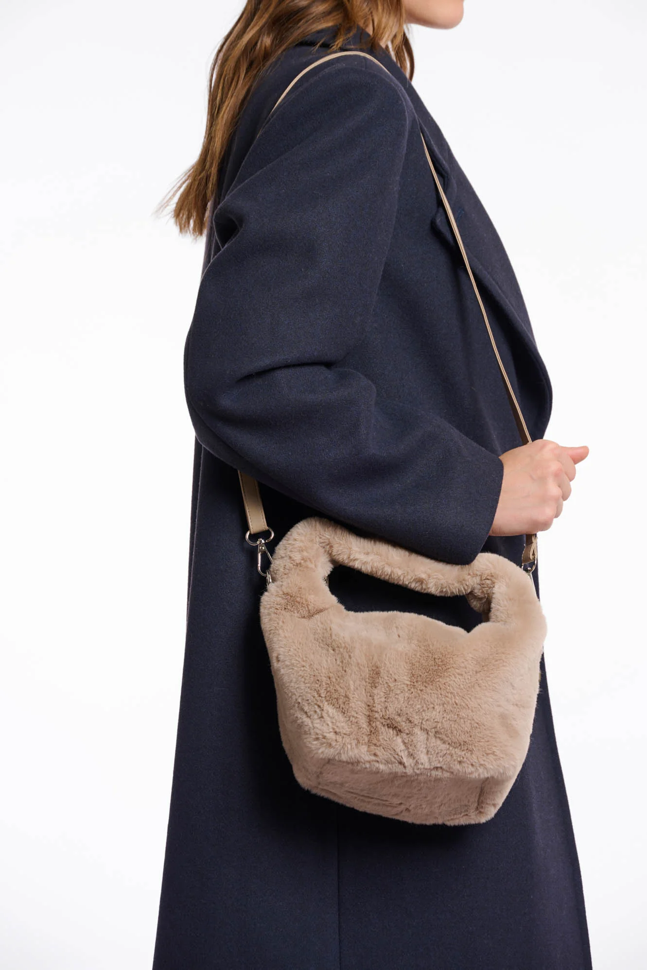 RINO & PELLE Cheryl Small Faux Fur Crossbody Bag in Oat