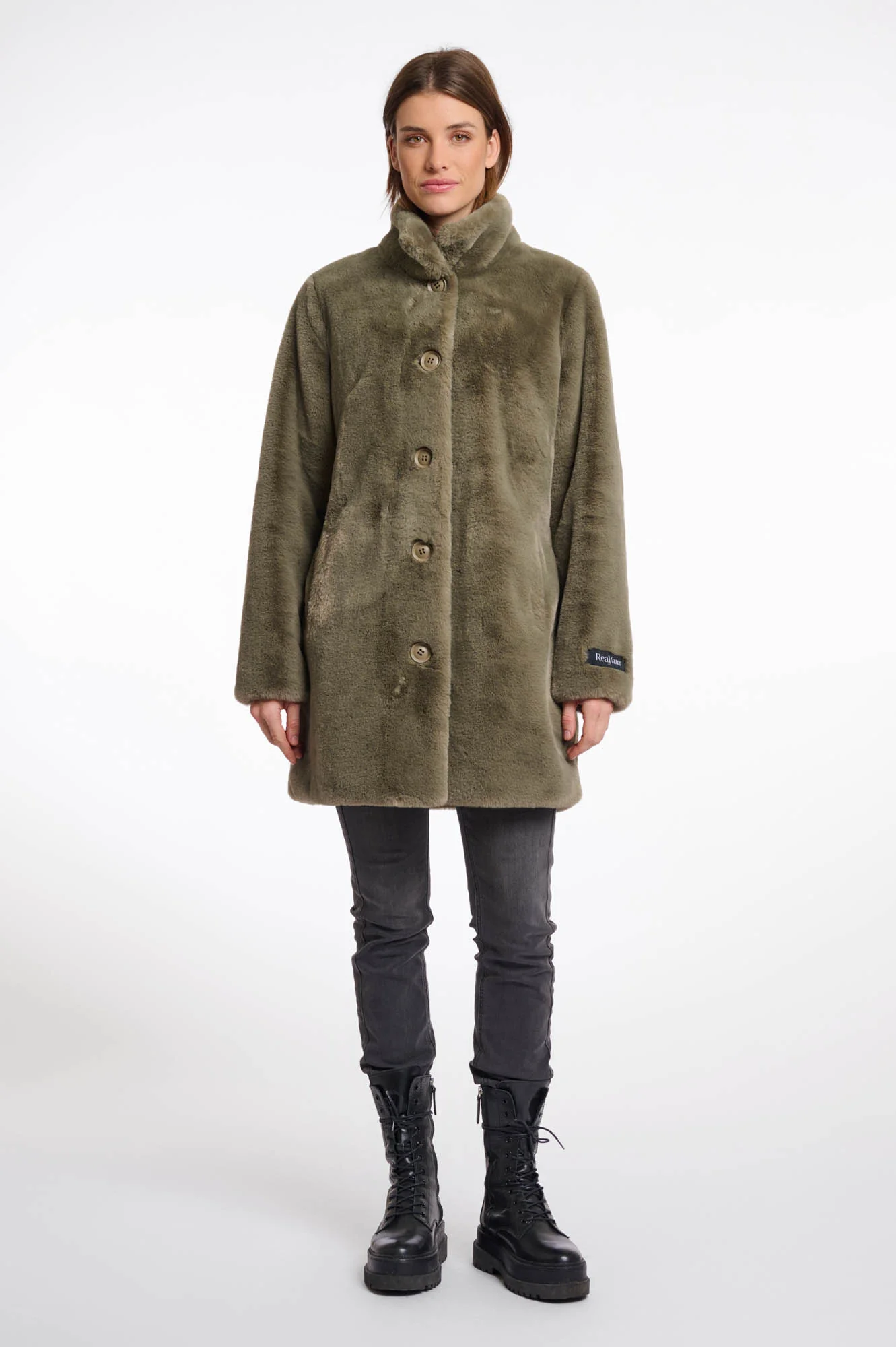 RINO & PELLE Nonna Single Breasted Faux Fur Coat in Green Ash