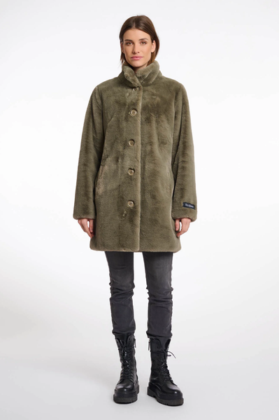 RINO & PELLE Nonna Single Breasted Faux Fur Coat in Green Ash