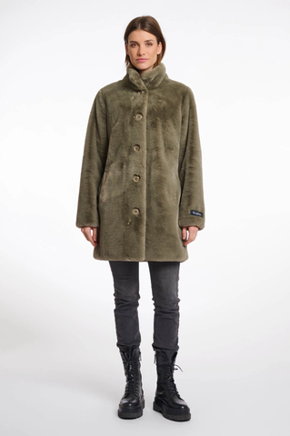 RINO & PELLE Nonna Single Breasted Faux Fur Coat in Green Ash