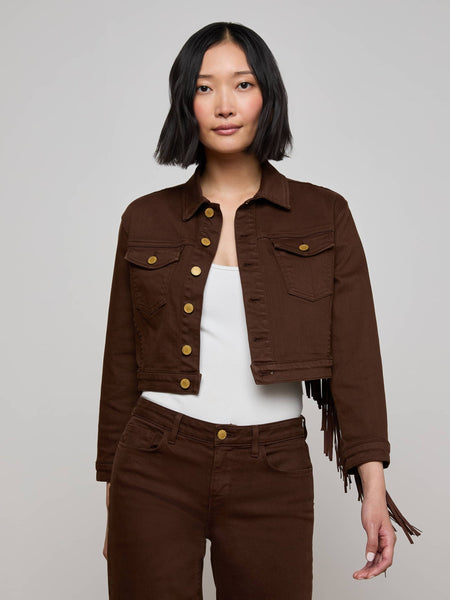 L'AGENCE Koda Crop Fringe Jean Jacket in Brown