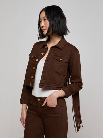 L'AGENCE Koda Crop Fringe Jean Jacket in Brown