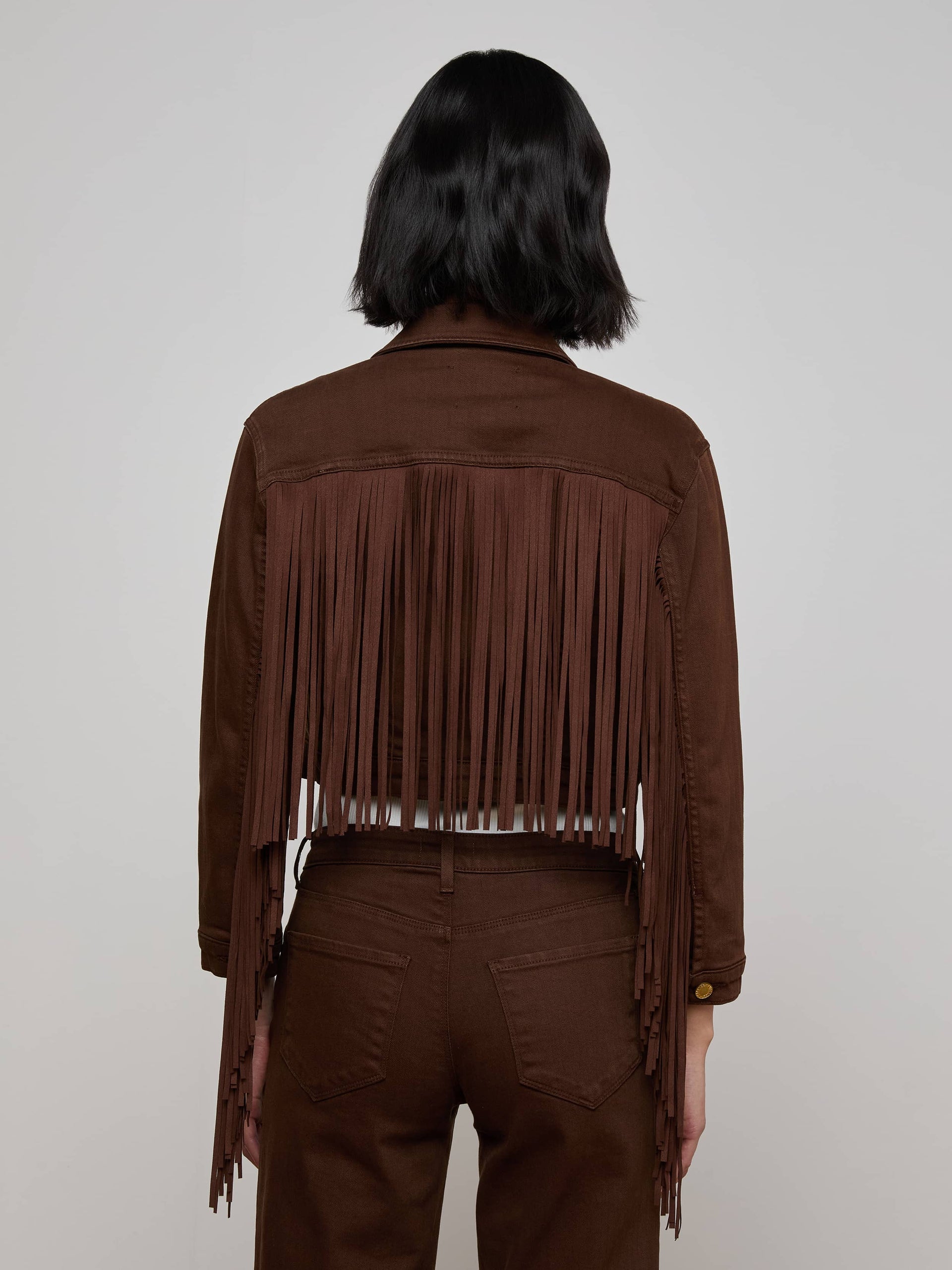 L'AGENCE Koda Crop Fringe Jean Jacket in Brown