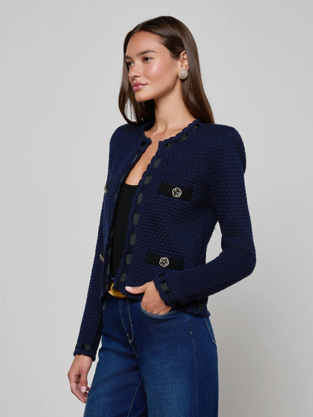 L'AGENCE Astor Contrast Trim Cardigan Midnight/Black