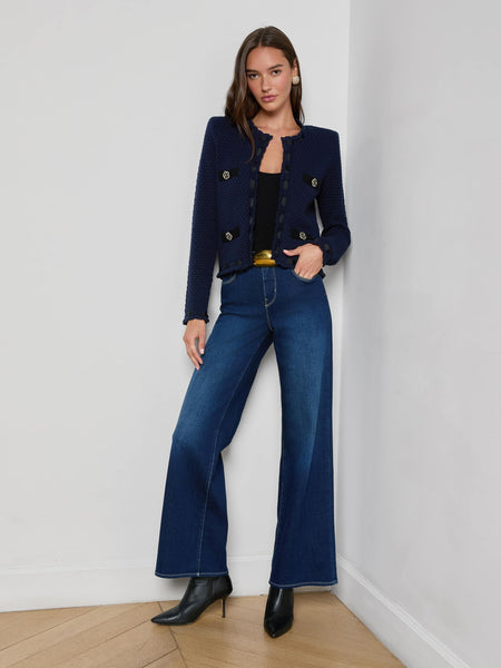 L'AGENCE Astor Contrast Trim Cardigan Midnight/Black