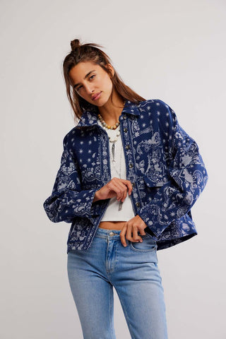 Free People Bandana Jacquard Shirt Jacket in Indigo Combo