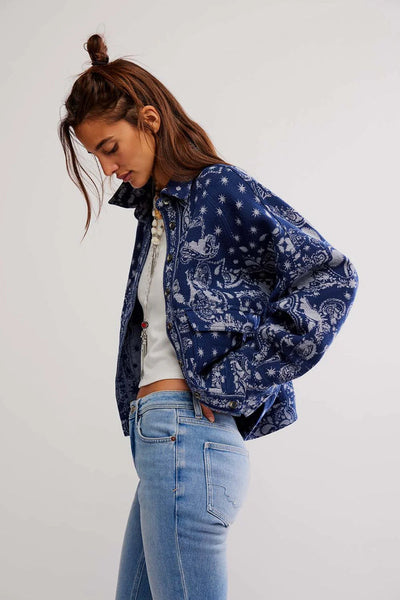 Free People Bandana Jacquard Shirt Jacket in Indigo Combo