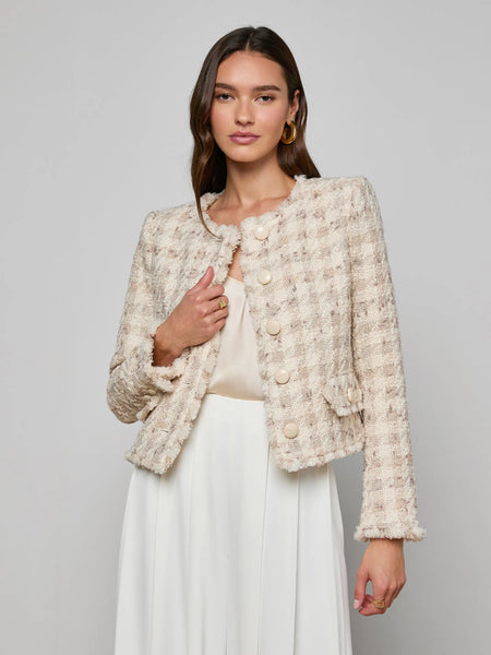 L'AGENCE Zell Collarless Jacket in Taupe/Grey Houndstooth