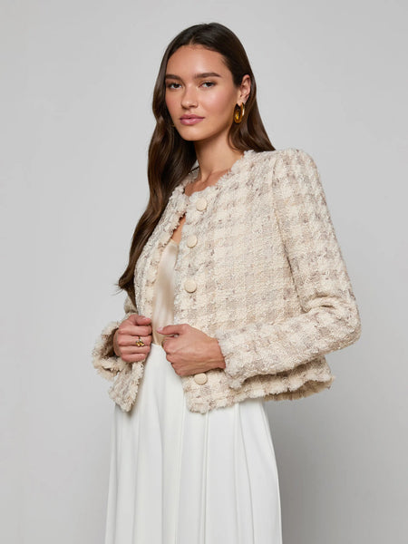 L'AGENCE Zell Collarless Jacket in Taupe/Grey Houndstooth