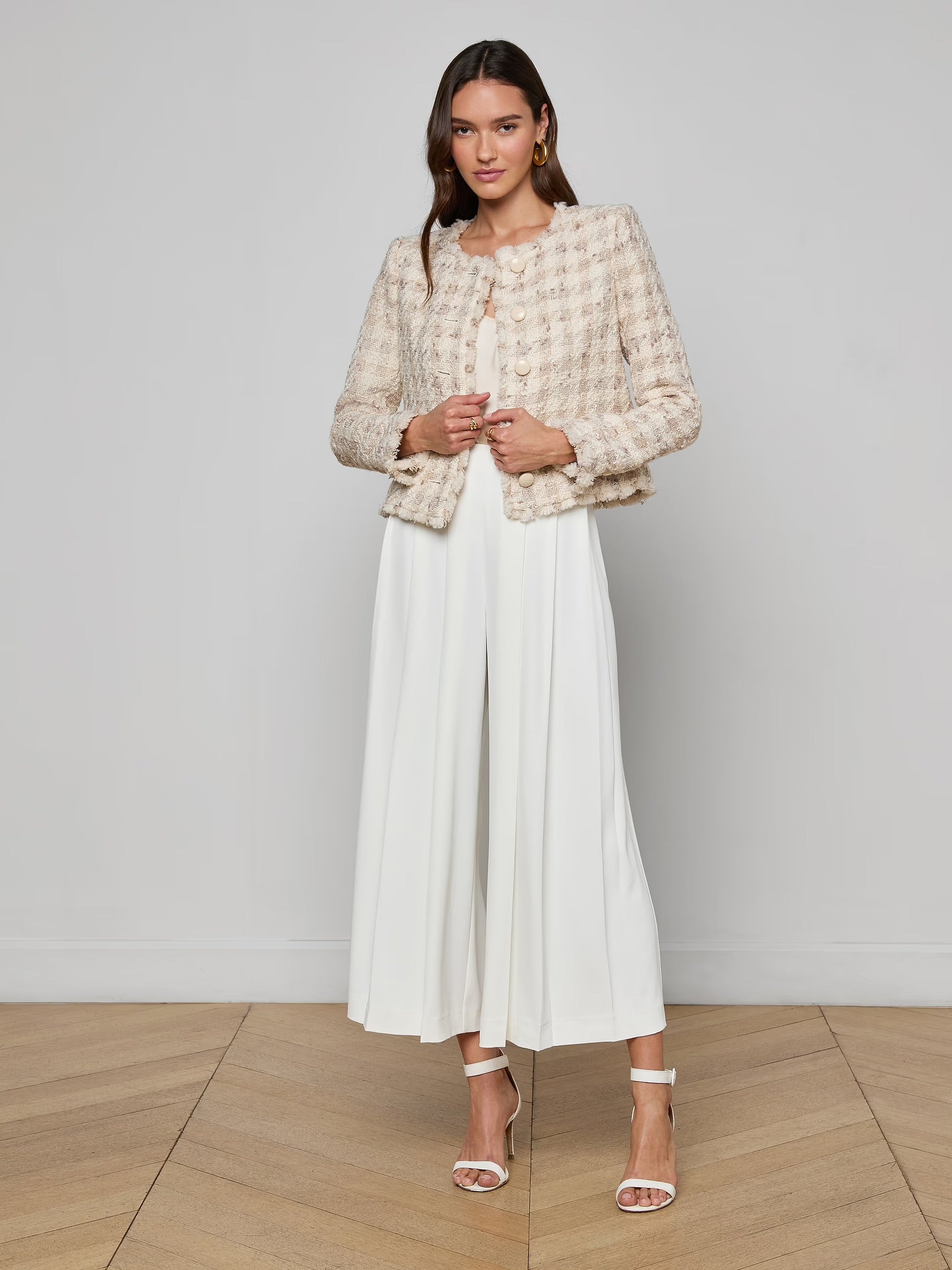 L'AGENCE Zell Collarless Jacket in Taupe/Grey Houndstooth