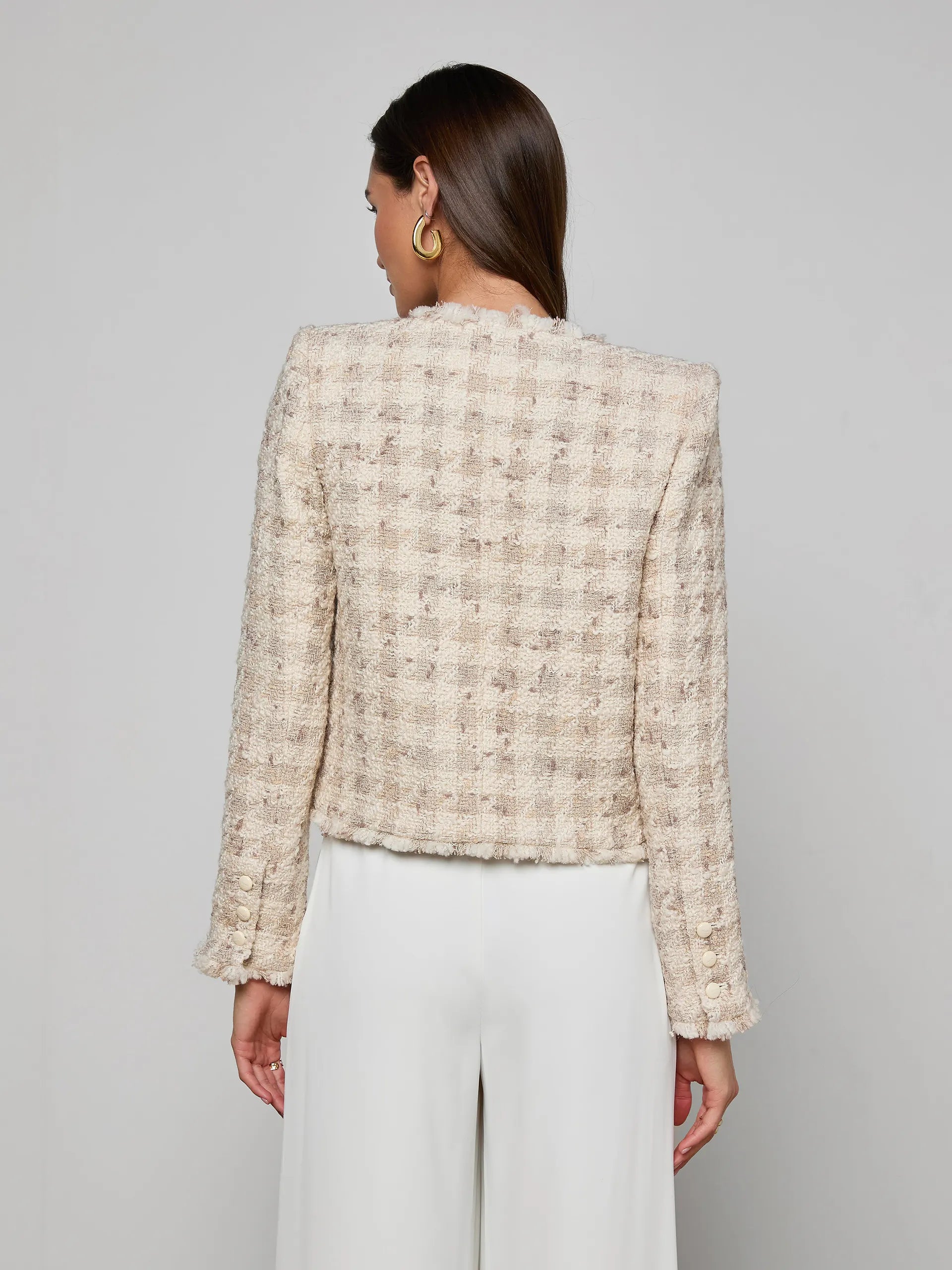 L'AGENCE Zell Collarless Jacket in Taupe/Grey Houndstooth