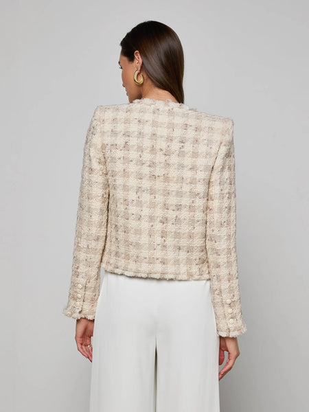 L'AGENCE Zell Collarless Jacket in Taupe/Grey Houndstooth