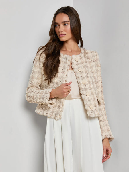 L'AGENCE Zell Collarless Jacket in Taupe/Grey Houndstooth