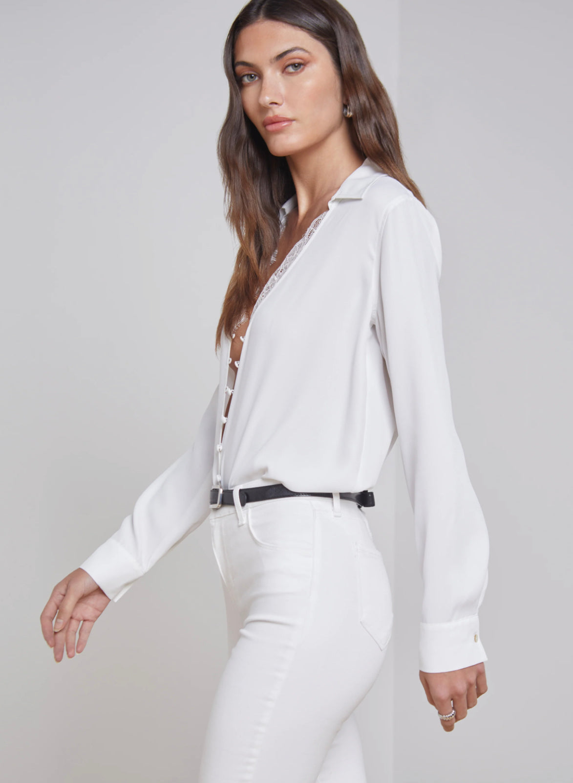 L'AGENCE Kori Lace Trim Blouse in White