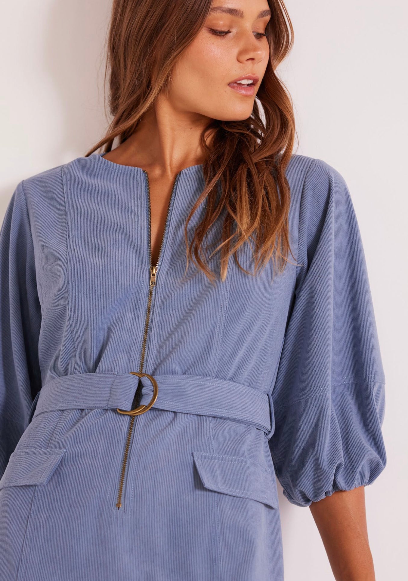 Mink Pink Thea Belted 3/4 Sleeve Dress in Slate Blue