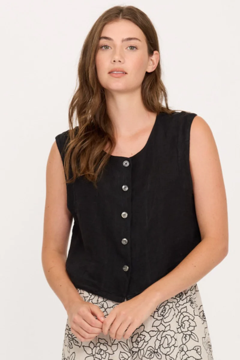 Pistache Linen Vest Top in Black