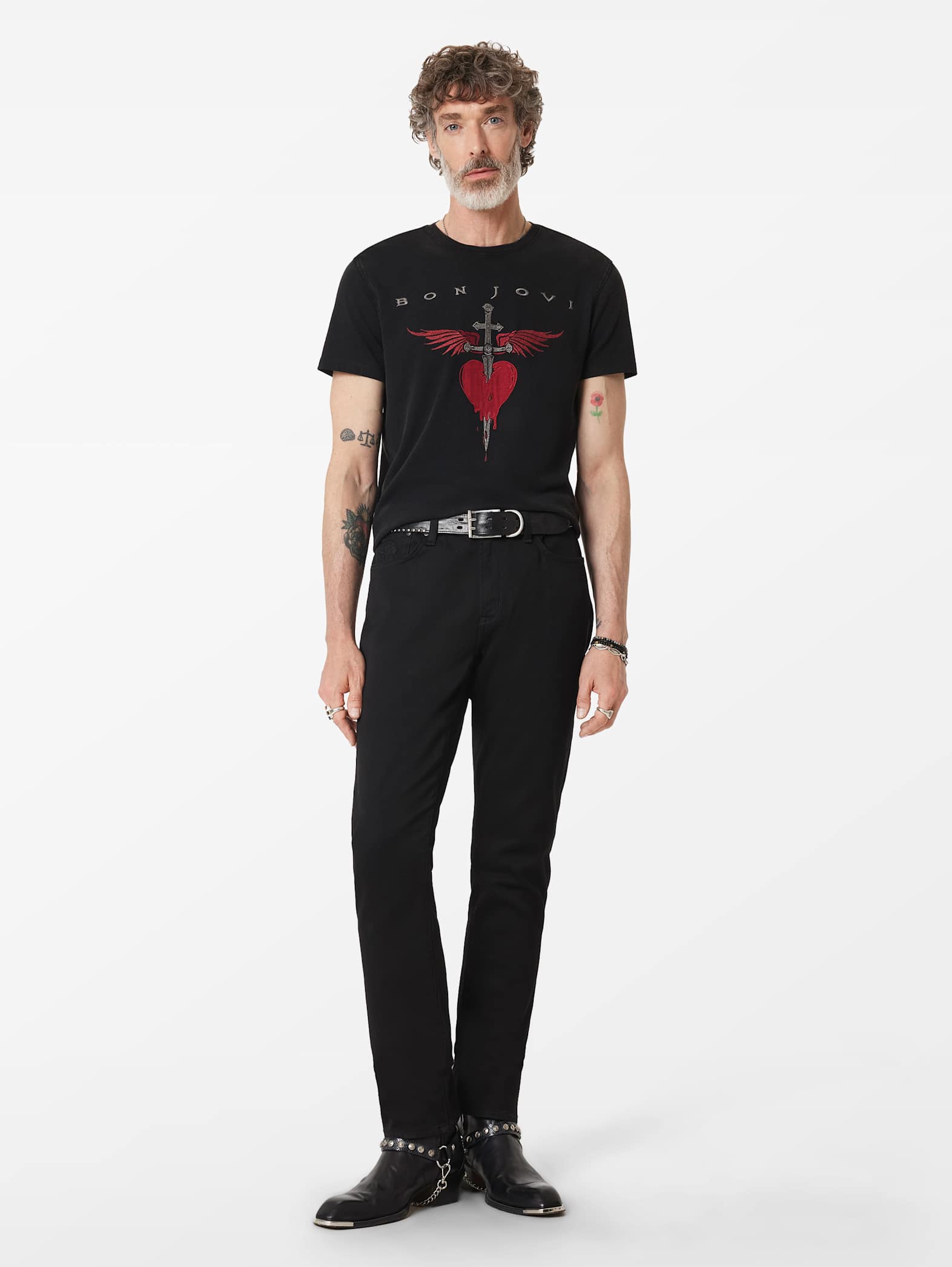 John Varvatos BON JOVI Heart and Dagger Embroidered Tee - Black