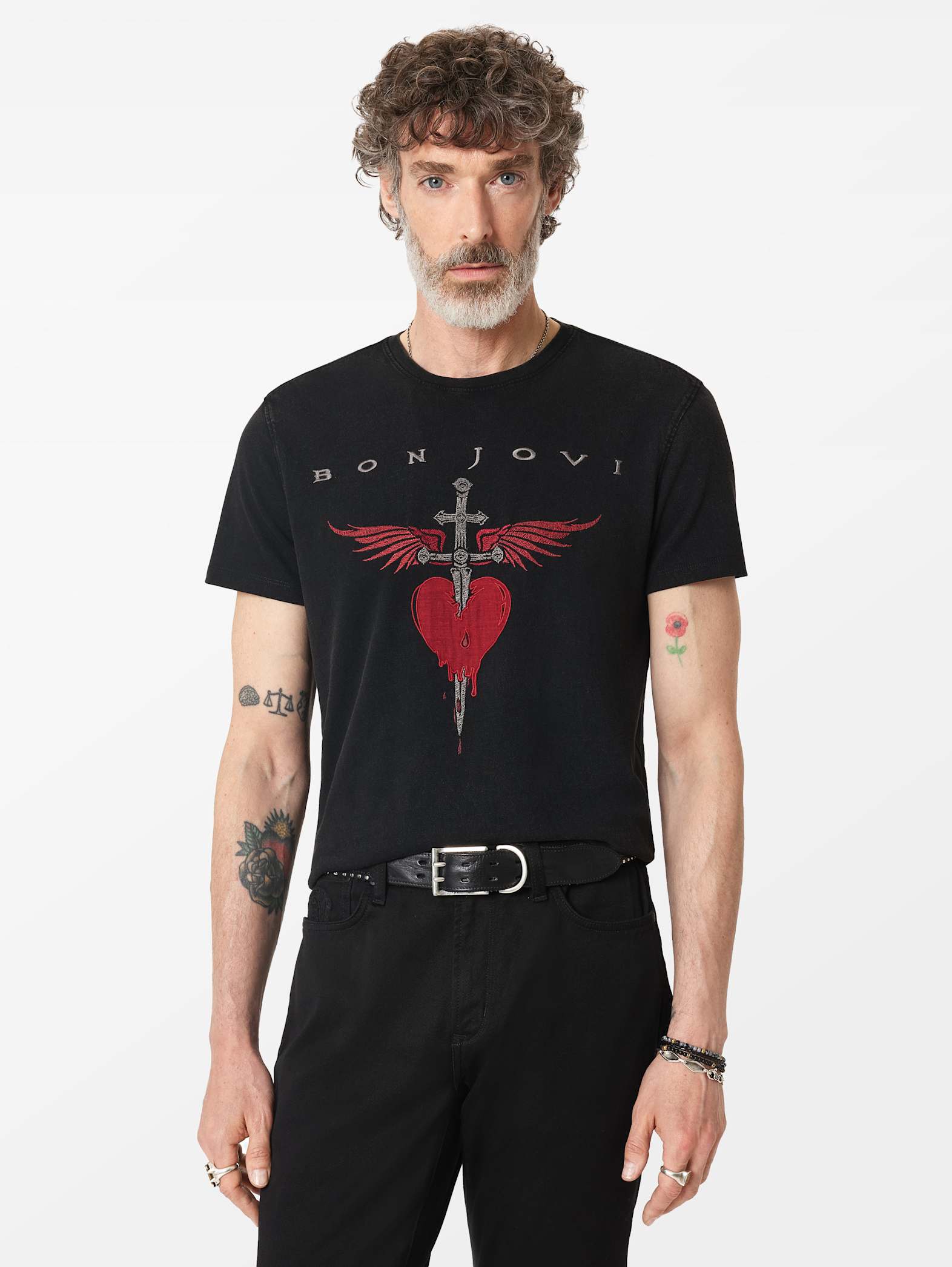 John Varvatos BON JOVI Heart and Dagger Embroidered Tee - Black