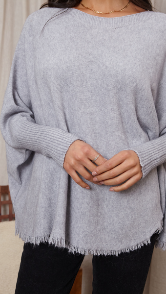 Charli Marlie Fringe Bottom Sweater in Grey Melange