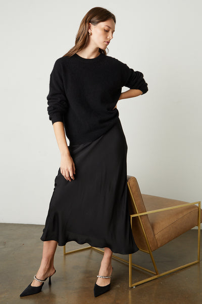 Velvet Aubree Satin Viscose Skirt in Black