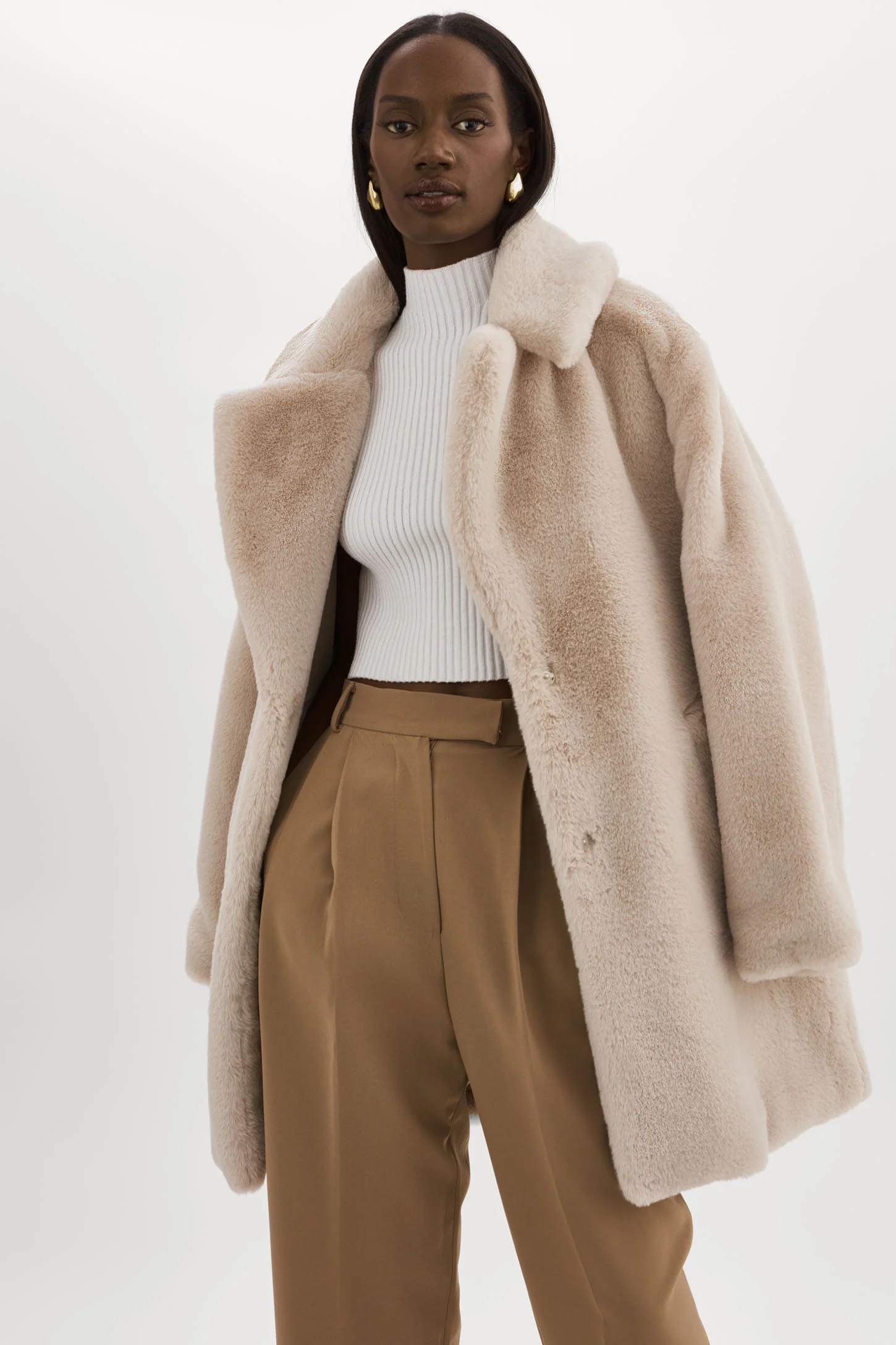 LAMARQUE Linnea Faux Fur Coat in Oat