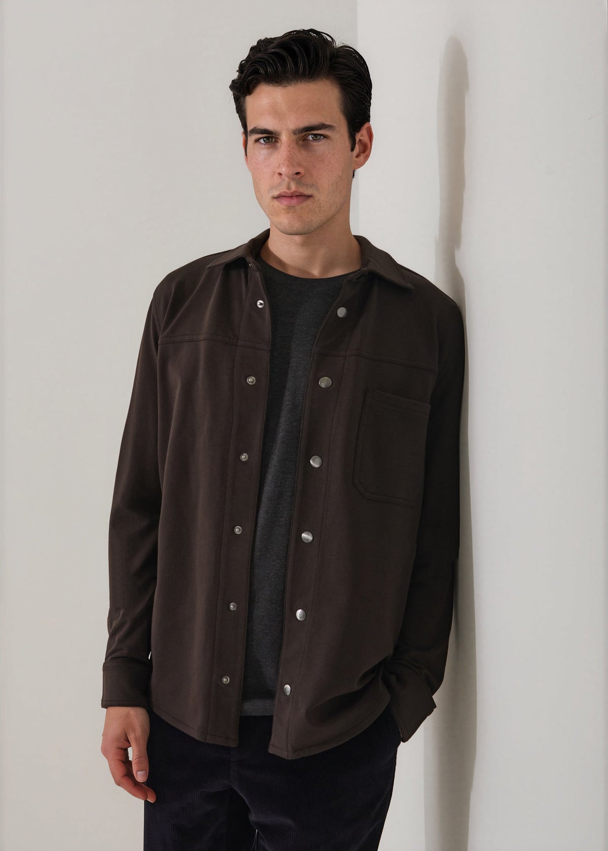 Patrick Assaraf LS Snap Front French Terry Shirt Jacket - Ganache