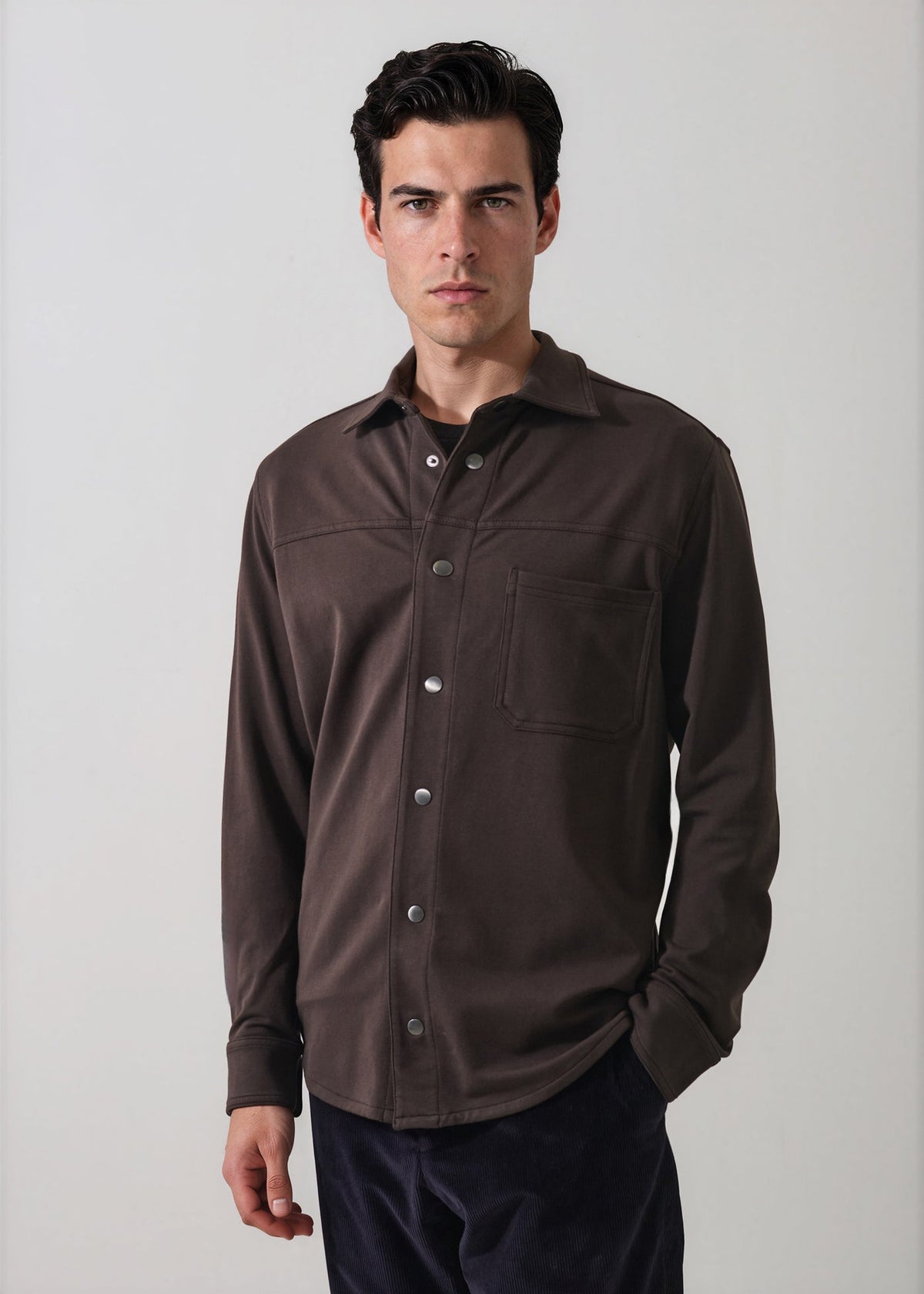 Patrick Assaraf LS Snap Front French Terry Shirt Jacket - Ganache