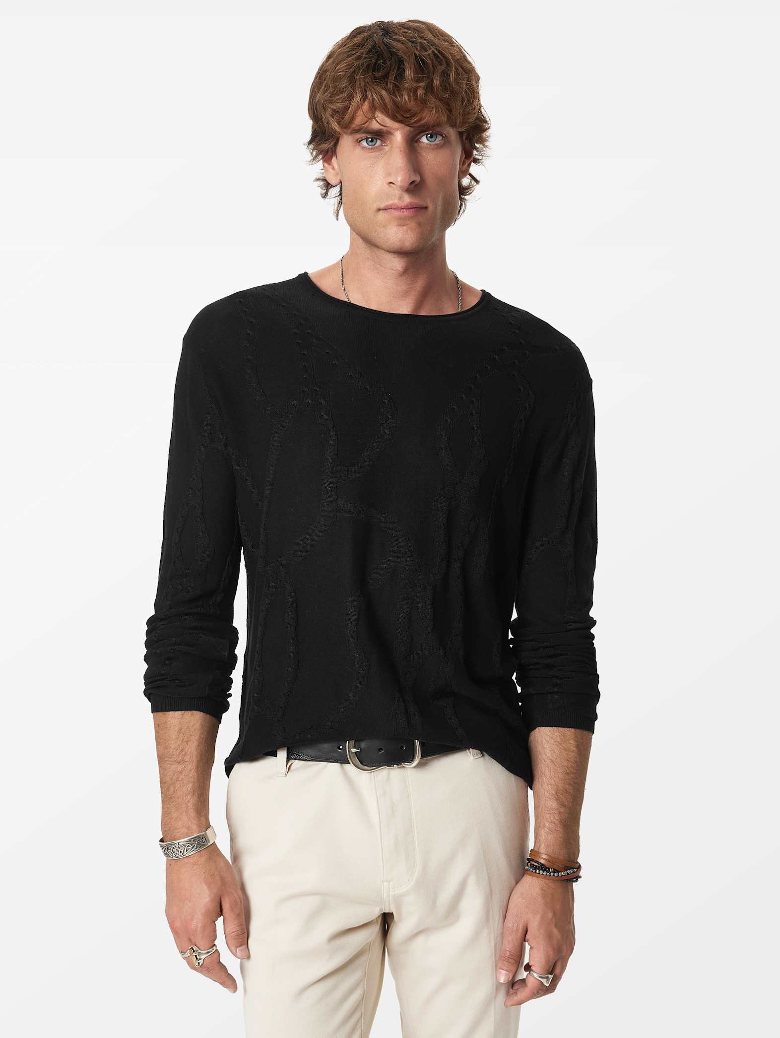 John Varvatos ADDISON LS Broken Twist Cable Crew in Black