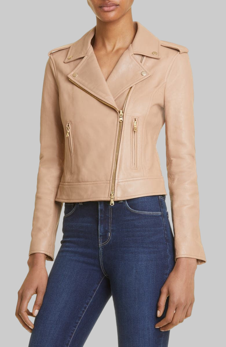 L'AGENCE Leather Biker Jacket in Cappuccino