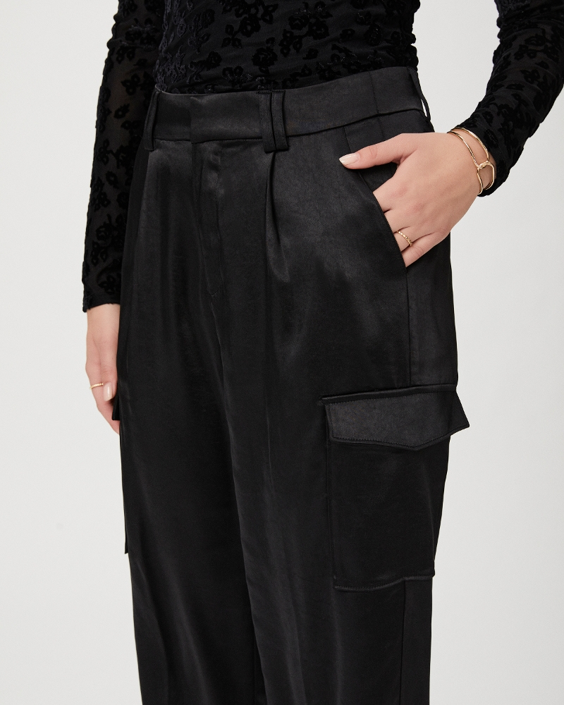 Paige Malika Satin Pleated Pant in Black