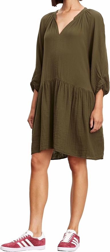 Velvet Nica Cotton Gauze V-Neck Dress in Caper