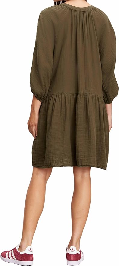 Velvet Nica Cotton Gauze V-Neck Dress in Caper