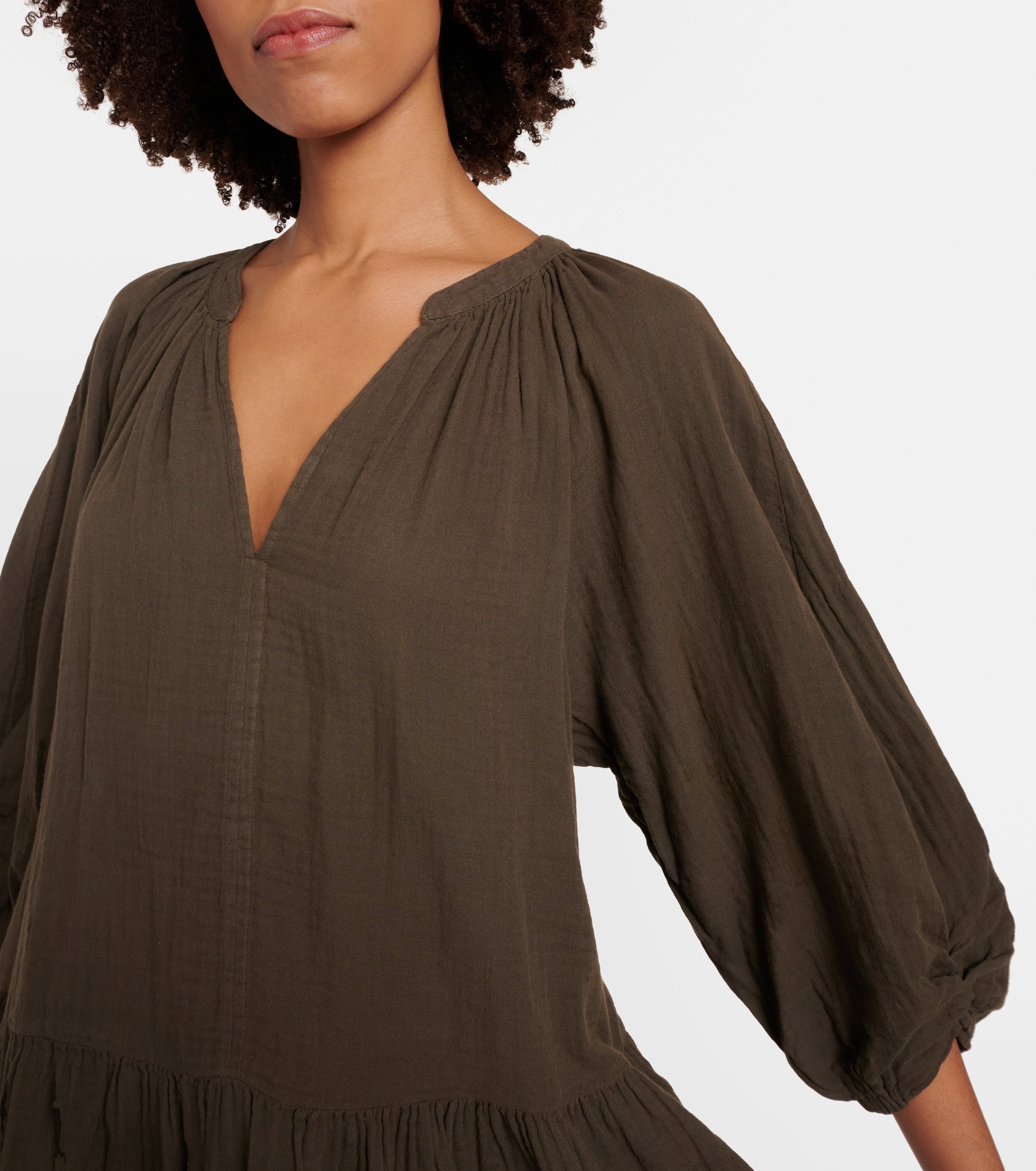 Velvet Nica Cotton Gauze V-Neck Dress in Caper