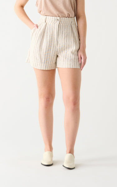 Black Tape Linen Trouser Short in Oat/Charcoal Stripe
