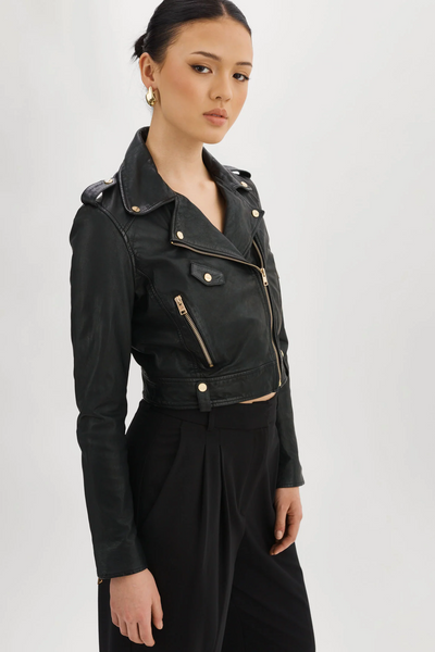 LAMARQUE Ciara crop leather biker jacket black/gold