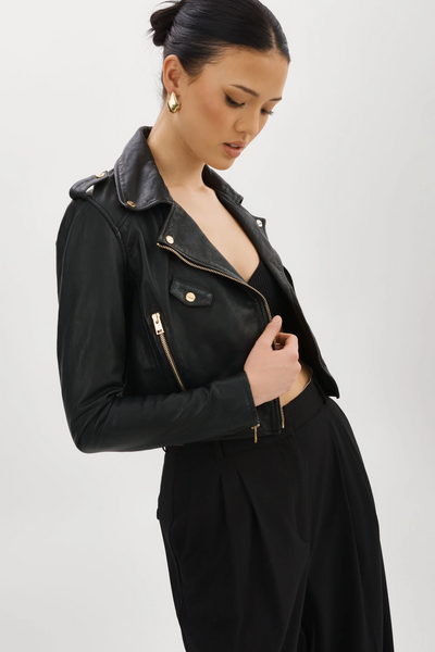 LAMARQUE Ciara crop leather biker jacket black/gold