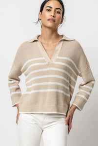 Lilla P Textured Stripe L/S Polo Sweater in Husk/White